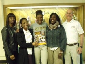 Isimeme Edeko pictured with (from left to right) Walther Track Coach Rachelle Richmond, her Aunt Monica Edeko, her mother Angelique Connor-Edeko, and St. Francis Track Coach Steve Lawrence